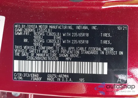 2022 Toyota Highlander Xle z USA, uszkodzony, nr VIN 5TDGZRBH2NS165936